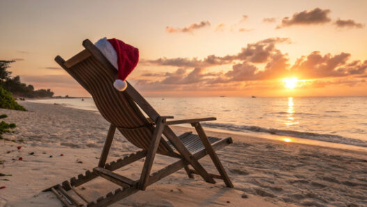 Healthy holiday season, Santa hat on a bench near beach