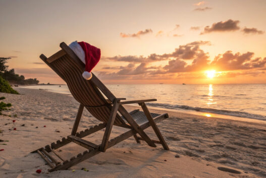 Healthy holiday season, Santa hat on a bench near beach