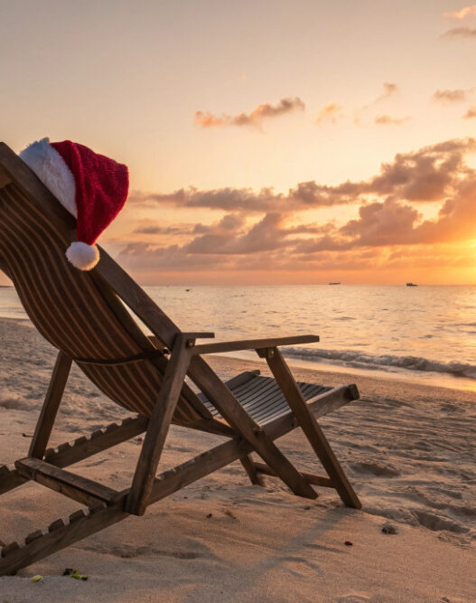 Healthy holiday season, Santa hat on a bench near beach