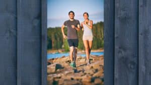 couple running, fitness, mountain, river